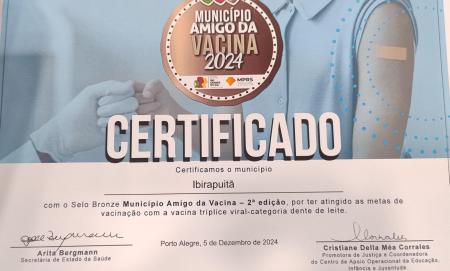 Ibirapuitã recebe Selo Bronze na 2ª Edição do Programa “Município Amigo da Vacina”